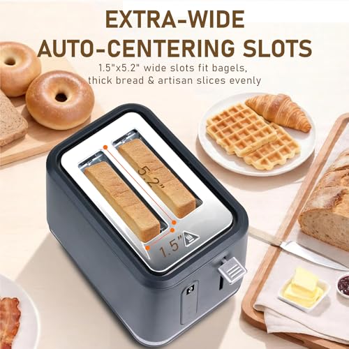 Image of Stainless Steel Toaster 2 Slices, Toasters Wide Slot, Bread Toaster with Cancel, Reheat, Defrost Function, Bagel Toasters with Removable Tray & 6 Temperature Settings, LED Display, Grey