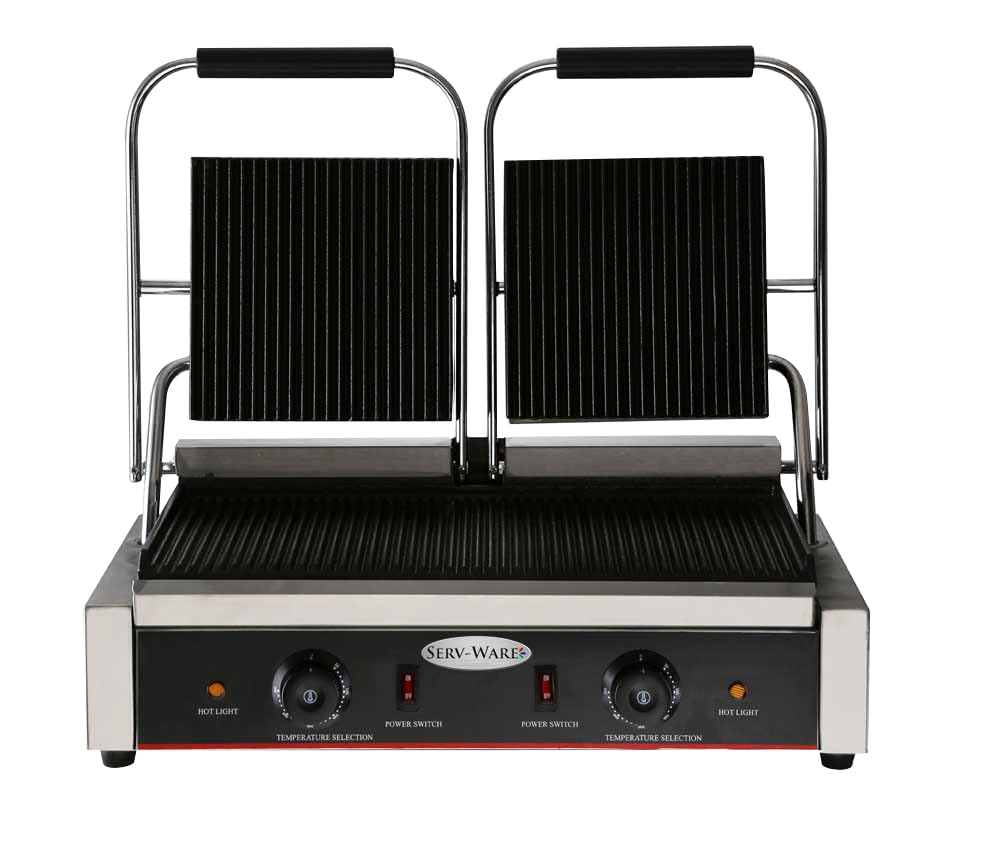 EPG-200GG Double Electric Panini Grill, Grooved Cast Iron Top & Bottom Plates, 120°F–570°F Adjustable Temp, 18-7/64" W Cooking Surface, Drip Tray, Cool-Touch Handle, Stainless Steel