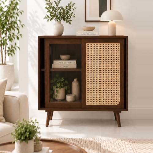 Image of The Attic INES Cabinet, Coffee Table for Living Room, Solid Wood Centre Table with Cane with Sliding Doors, Natural Finish