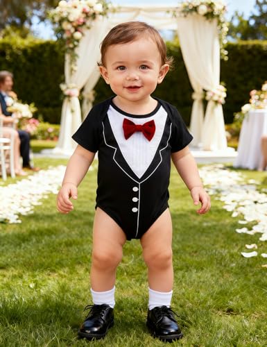 A&J DESIGN Baby Boys' Tuxedo Bodysuit With Bowtie Gentleman One-Piece 3-24 Months2