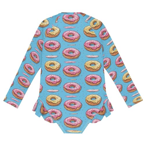 Girls Swimsuit Donut Blue Print Long Sleeve One Piece Bathing Suit for Kids UPF 50+ Rash Guard Swimwear 3-122
