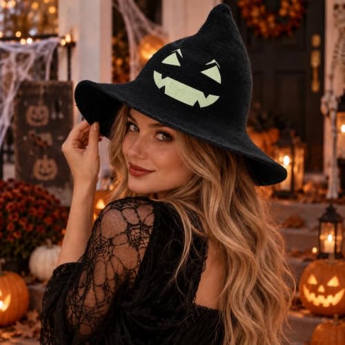 Witch Hat for Women Halloween Knitted Face Print Costume Hat Black - image 6
