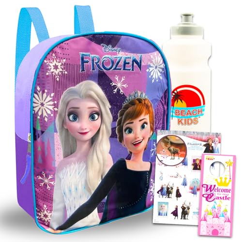 Disney Frozen Mini Backpack for Kids - Bundle with 12” Canvas Elsa and Anna Bag with Water Bottle, Stickers, More | Frozen Backpack Purse Set for Girls, Boys