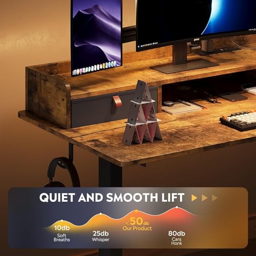 Image of DEVAISE 48 Inch Electric Standing Desk with Shelf, 3 Adjustable Computer Desk for Home Office, with LED Touchscreen,Headphone Hook, 3 Memory Preset, with One-Piece Desktop, Rustic Brown