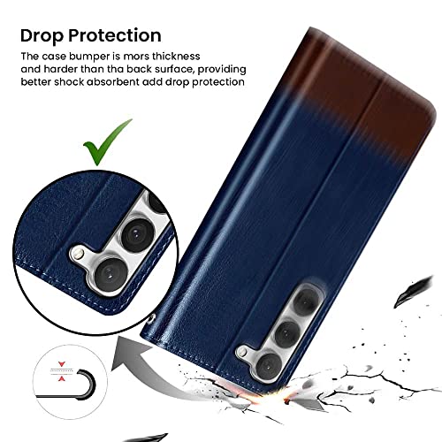 Image of FLIPPED Vegan Leather Flip Case Back Cover for Samsung Galaxy S23 5G (Flexible, Shock Proof | Hand Stitched Leather Finish | Card Pockets Wallet & Stand | Blue with Brown)