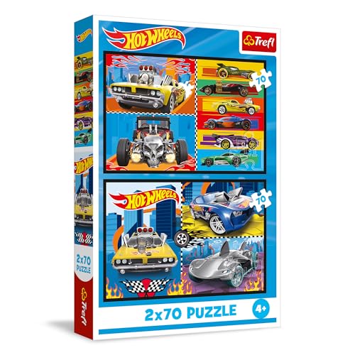 Trefl - Puzle 2en1: Hot Wheels, Cochecitos - 2 x 70 Piezas, Set de Dos puzles para niños a Partir de 4 años