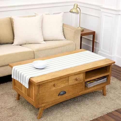 Solino Home Linen Table Runner 60 Inches - Sorrento Stripe 100% Pure Linen Sage and White Farmhouse Table Runner 14 x 60 Inch for Dresser and Coffee Tables - Summer by Solino Home - Used condition - US$23.09