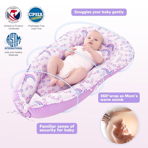 Image of Viviland Baby Lounger Cover for Newborn Infant Babies 0-24 Months, Soft Breathable Cotton Fabric, Detachable Washable, Portable with Handles, Rainbow