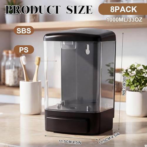 Image of Hushee 8 Pcs Plastic Wall Mounted Soap Dispenser Commercial Manual Soap Containers Wall Dispenser for Kitchen Shower Hotel Liquid Shampoo Gel Chamber (33.8 oz 1000 ml,Black and Clear)