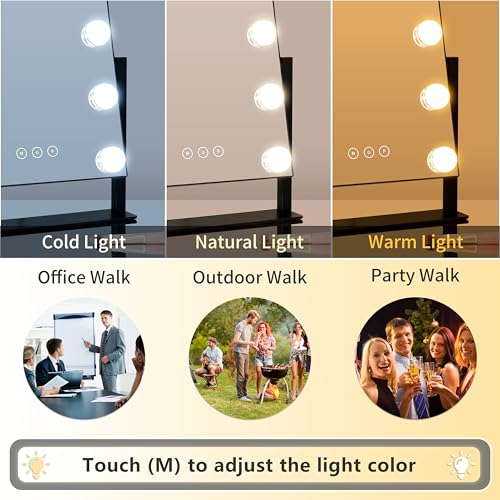 Image of Kotdning Vanity Mirror with Lights,Lighted Vanity Mirror with 9 Dimmable Bulbs for Dressing Room & Bedroom,3 Color Lighting,Modes Detachable 10x Magnification 360Ratation (Black) 12 inch L x 14.4 inch W