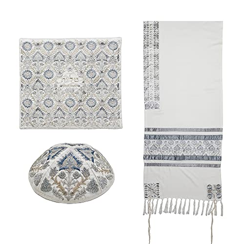 EMANUEL Yair Tallit Prayer Shawl Set with Yarmulke and Tallis Bag | Silk Embroidered Oriental Pattern2