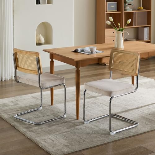 BLUON HOME Sillas voladizas voladoras, sillas voladizas de mimbre vienés, juego de 2 sillas de comedor modernas Mid Century con acento de terciopelo con respaldo de tubo natural y base cromada de