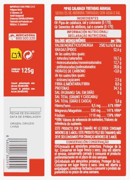 Hacendado Graines de Courge Grillées Aguasal, Sans Gluten, 125g PACK 6, Noix Décortiquées, Conservation à Température Ambiante, Sans Conservateurs