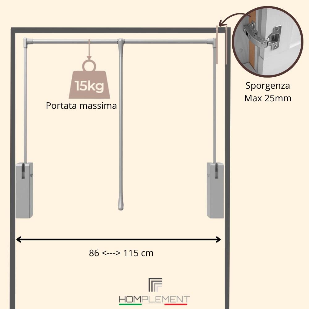 HOMPLEMENT – Appendiabiti saliscendi per Armadio – Regolabile - Portata 15 kg – in Acciaio – Montaggio Semplificato - Bloccaggio e Risalita Assistita – Ammortizzato Soft (Vano 86-115cm - Grigio)