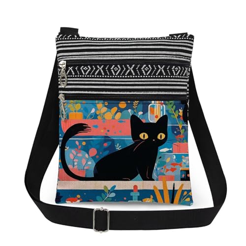 Botanical Cat Adjustable Shoulder Strap Crossbody Bag Golden-Eyed Cat with Leafy Motif Print for Adult Plant Lovers Birthday Gift for Gardener's Plant Lover's Day​​ Kitten Lover