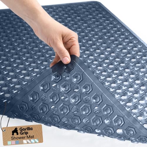 Image of GORILLA GRIP Patented Bath Tub Shower Mat, Machine Washable Bathtub Floor Liner Mats, Suction Cups and Drain Holes to Keep Tubs Clean, Soft on Feet, Bathroom Essentials, 35x16 Inch, Clear Navy