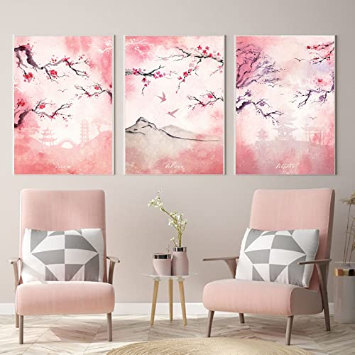 TANYANG Japonais Sakura Poster Prints Rose Aquarelle Cerisier Fleur 3 Pièces Toile Peinture Mur Art Image Esthétique Salon Décoration 40Cmx60Cmx3Pcs Sans...