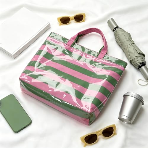 Image of Striped PVC Tote Bag for Women, Waterproof Plastic Hobo Handbag Summer Tote for Beach, Pool & Ideal Gift