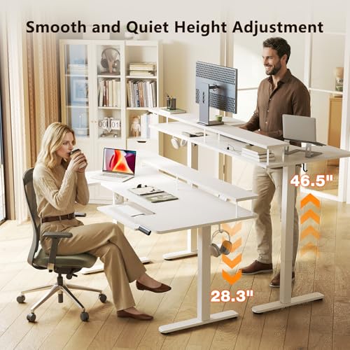 Image of OffiGo U Shaped Electric Standing Desk with Keyboard Tray, 63 Inch Height Adjustable Desk with Power Outlets & LED Lights, Sit Stand Table with Monitor Stand for Home, Office, White