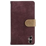 AQUOS R10 R9 対応 スマホケース アクオス 手帳型ケース 合皮 PUレザー ヴィンテージ風 猫 クロネコ キャット レトロ調 カード入れ マグネット ベルト SH-51F SH-51E SIMフリー (バーガンディ)