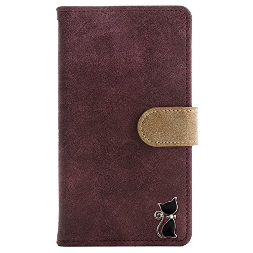AQUOS R10 R9 対応 スマホケース アクオス 手帳型ケース 合皮 PUレザー ヴィンテージ風 猫 クロネコ キャット レトロ調 カード入れ マグネット ベルト SH-51F SH-51E SIMフリー (バーガンディ)