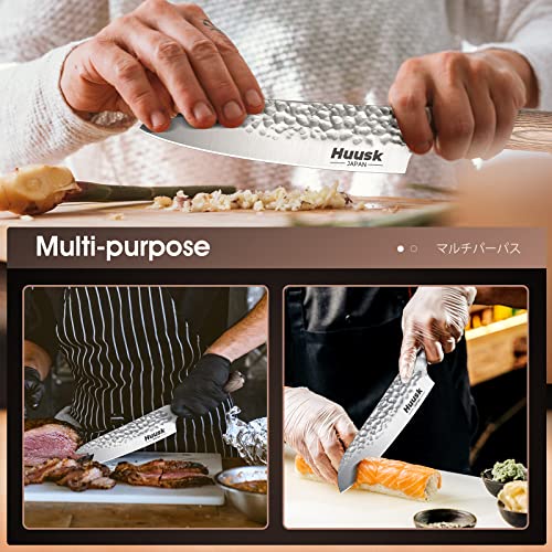 Huusk Professional Santoku Knife 7-Inch, Japan Chef Knife, High Carbon Steel Hand Forged Knife For Meat Greens Fish Cutting Wood Handle For Family Restaurant With Gift Box #TOP3