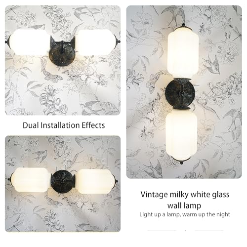 Image of Vintage Milk Glass Bathroom Vanity Light - 2-Light Wall Sconce with Brass Finish Base & Green Glass Shade - Wall Sconce Lighting for Mirror, Kitchen, Living Room, Gallery (Bulbs Included) (white)