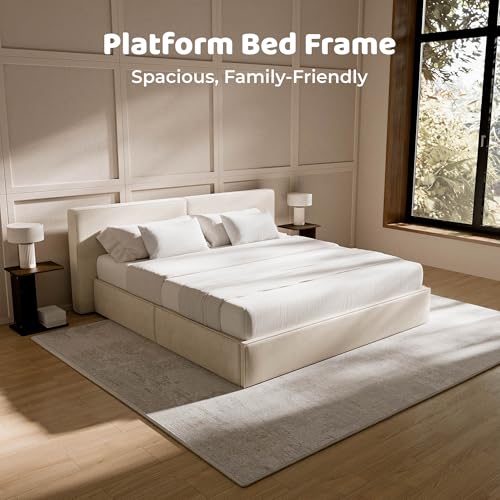 Image of RECCI King Platform Bed Frame with Plush Upholstered Headboard 6-Inch, Easy Assembly, Noise-Free Stability (Beige, King (U.S. Standard))