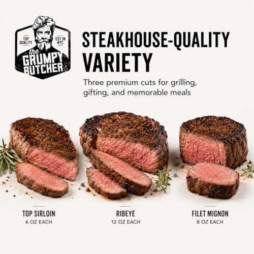 Image of Grumpy Butcher 8 Steaks Full House Set - 4 Top Sirloin, 2 Ribeye Steaks & 2 Filet Mignon - USDA Top Choice - Steakhouse Quality Meat With Food Gifts Box Option