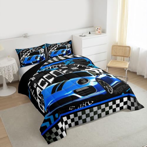 Image of Feelyou Blue Race Car Comforter Set Toddler Size Sports Car Bedding Set for Kids Boys Car Sports Comforter Geometric Checkered Extreme Sports Inner Fill Duvet Set 1 Comforter Set with 1 Pillowcase