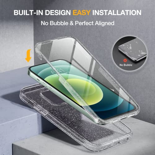 Image of Miracase Glass Series for iPhone 12 /12 Pro Case 6.1 inch, Upgraded Full-Body Rugged Phone Bumper Case Cover with Built-in 9H Tempered Glass Screen Protector and Camera Protector, Clear Glitter