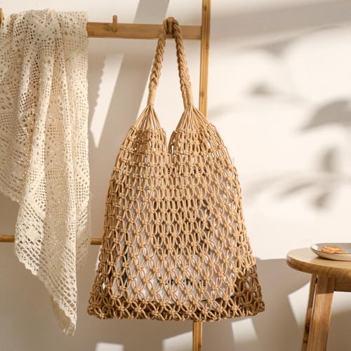 Image of Pleneal Crochet Beach Bags for Women - Women Beach Handmade Tote Bag, Summer Mesh Hollow Shoulder Bag for Holiday Market