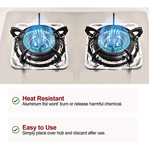 200 Pack Aluminum Foil Square Stove Burner Covers, Disposable Gas Stove Burner Liners, Stove Bib Liners, Heat Resistant Gas Range Cover Keep Stove Clean,8.5\"