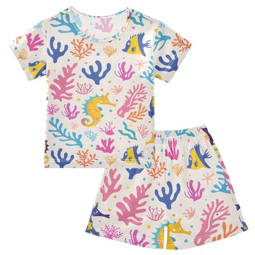 ALAZA Funny Seahorse Coral White Pajamas Short Sleeve 2 Piece Sleepwear Top and Bottom Pajama Set Unisex
