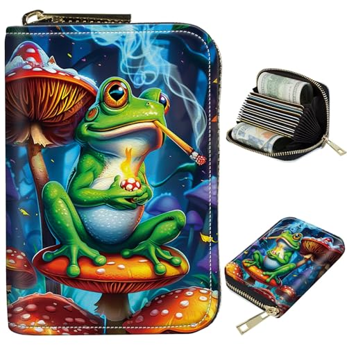 Image of Cute Credit Card Holder with Zipper, Frog Smoke RFID-Blocking Card Case Small Wallet for Women Men, Multi-slot Card Organizer Case Travel Accordion Wallet