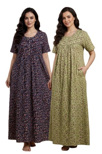 Image of Bahumaan Cotton Nighty for Women Full Length Stylish | Floral Print Cotton Maxi Dress for Women with Pocket | Sleepwear Gown for Women