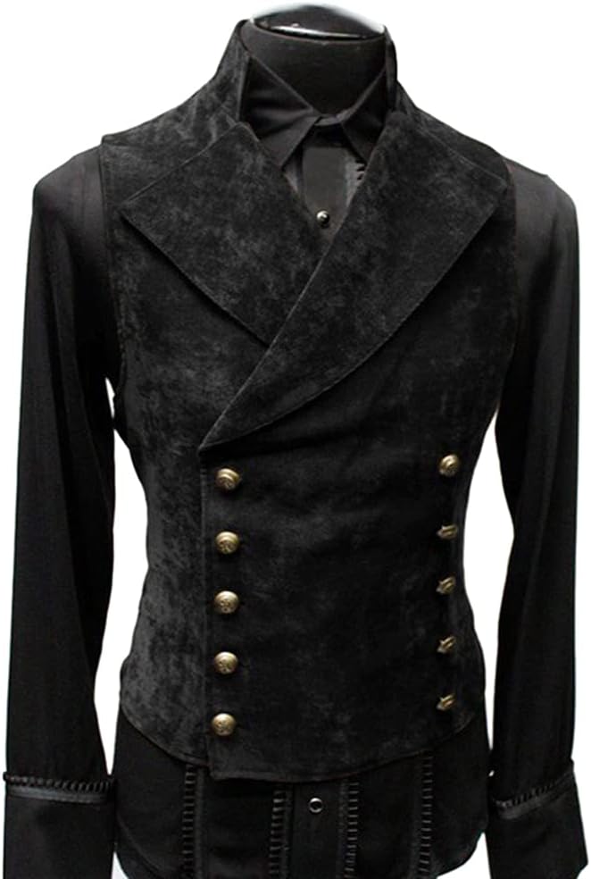 HFU Men's Faux Suede Double Breasted Vest Slim Fit Gothic Steampunk Waistcoat Gentleman Tuxedo Prom Party Formal Suit
