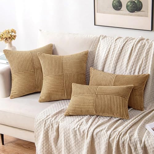 Image of MIULEE Camel Brown Decorative Throw Pillow Covers 20x20 Inch for Couch Bed Sofa Pack of 2 Boho Farmhouse Throw Pillows Soft Cross Corduroy Patchwork Textured Cushion Cases
