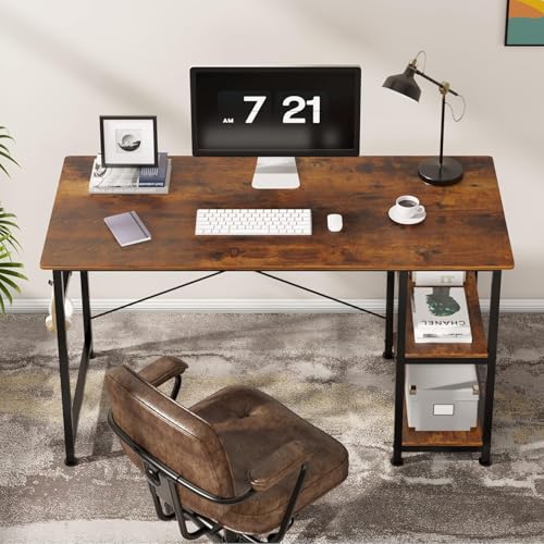 Image of computer table for home pc with Shelves|Study Table for Students|Home Office Desk |Wooden Workstation for Laptop and PC|Dual Monitor Desk|Adjustable Shelf Design | Rustic Brown | 120x60x75 cm
