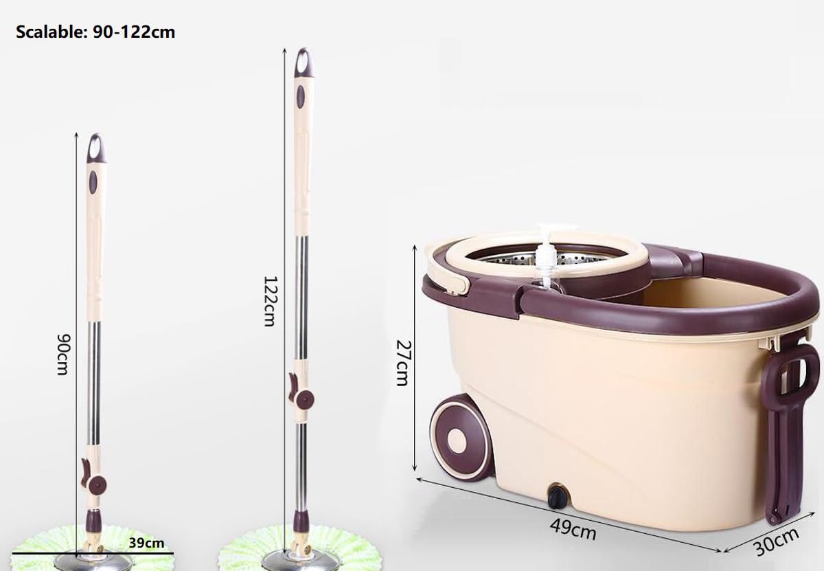 Juego De Fregona con Cubo, Cubo Fregona, con Poleas, Acero Inoxidable Mango Telescópico De 90-122 Cm, Mopas De Limpieza Suelos con Cubo, con 5 Cabezas De Microfibra, Color del Café