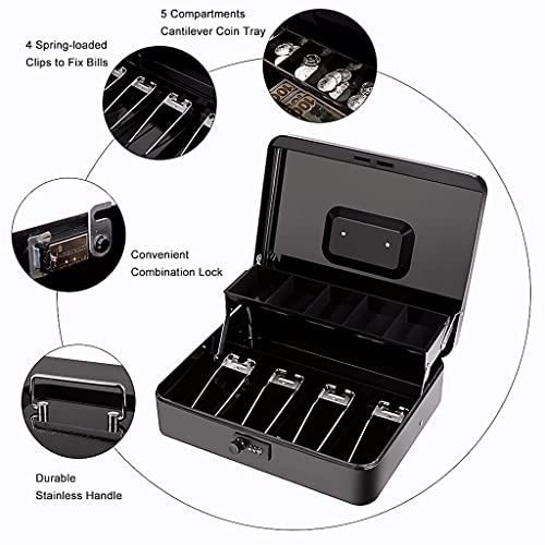 Cash Box With Money Tray And Combination Lock Metal Money Box Tiered Lock Box For Money 11.8" X 9.4" X 3.54" Black #TOP3