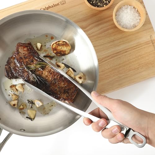 Image of Calphalon Prime Stainless Steel Kitchen Tongs, Heavy-Gauge Heat-Resistant Locking Tongs for Grilling, Cooking & Serving, Weighted Handle for Control
