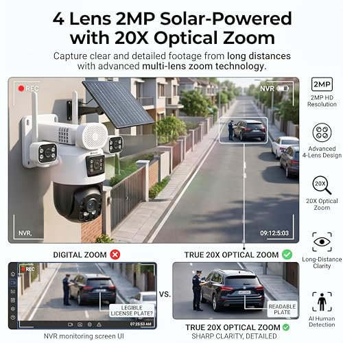 Image of V66H 4G Solar Security Camera with 4 Lens, 20X Zoom, AI Human Tracking, 31200mAh Battery, Dual Light Full Color Night Vision, Two Way Audio, Motion Detection, Outdoor Waterproof Surveillance Camera