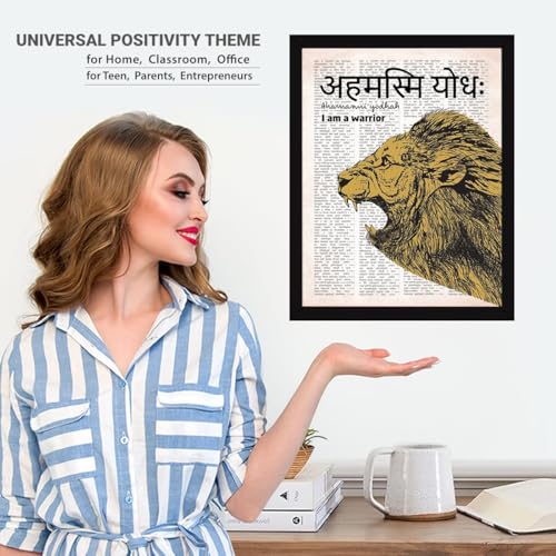 Image of Chaka Chaundh -Unique Sanskrit Quotes Art - Lion Motivational Sanskrit Quotess Framed Poster - Inspirational Quotess for Student study room - 14 X 11 inches - I am a warrior