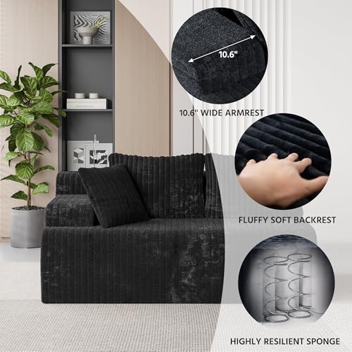 Image of LAUSAINT HOME 96 inch Modular Sectional Sofa Couches, L-Shaped Boneless Cloud Sofa with 3 Deep Seat, 5 Cushiones Oversized Chaise for Living Room, Bedroom, Plush Corduroy Fabric (Left, Black)