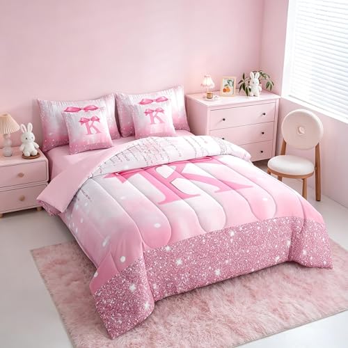 Image of Feelyou Kids Pink Bowknot 7 Pieces Bedding Set King Size, Personalized Initial K Bed in A Bag Princess Glitter Comforter Set with Sheets Boys Girls Bow Alphabet Teens Bed Set Bedroom Decor 7Pcs
