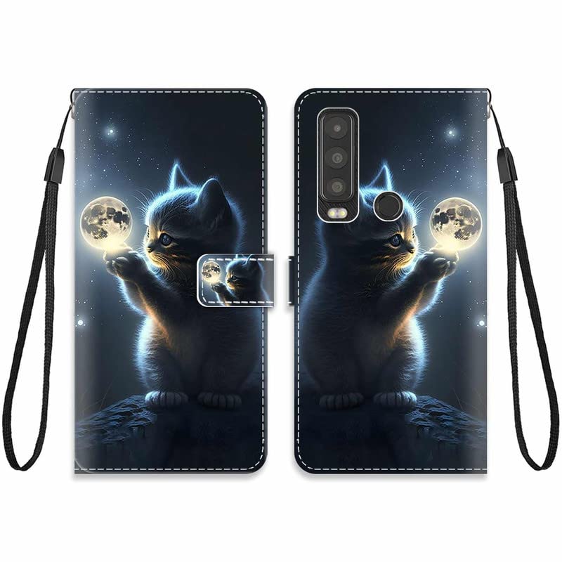 KARTXITAI Funda Compatible con Motorola Defy 2,PU Carcasa Libro con Tapa magnético Flip Case en Cuero Antigolpes Cover con Dibujos Ranura Tarjeta Soporte Cartera-Moon Cat,Sky,Star