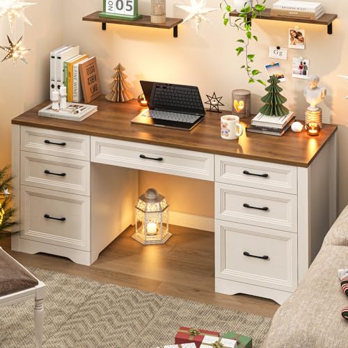 Image of Vabches Farmhouse Executive Desk, Wood Home Office Desk with 2 Large File Drawers and 5 Storage Cabinets, Rustic Writing Desk for Work and Study, Brown