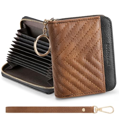 Image of BOSTANTEN Credit Card Holder Wallet RFID Blocking Leather Small Wallet for Women Zipper Keychain Wallet with Wristlet Brown&Black
