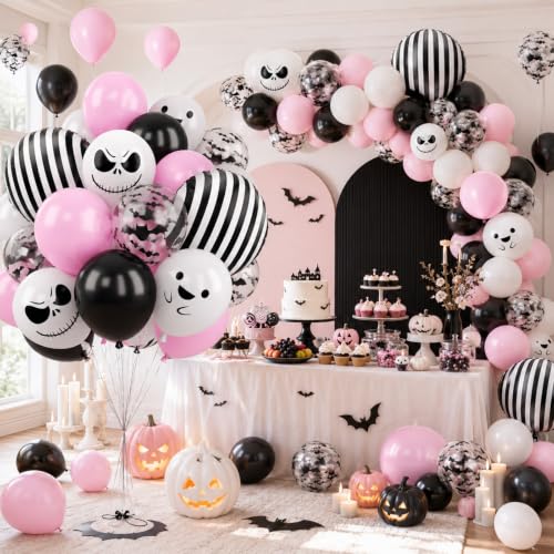 Image of Pink Black Halloween Balloons with Bat, Ghost Prints Stripe foil Balloon
